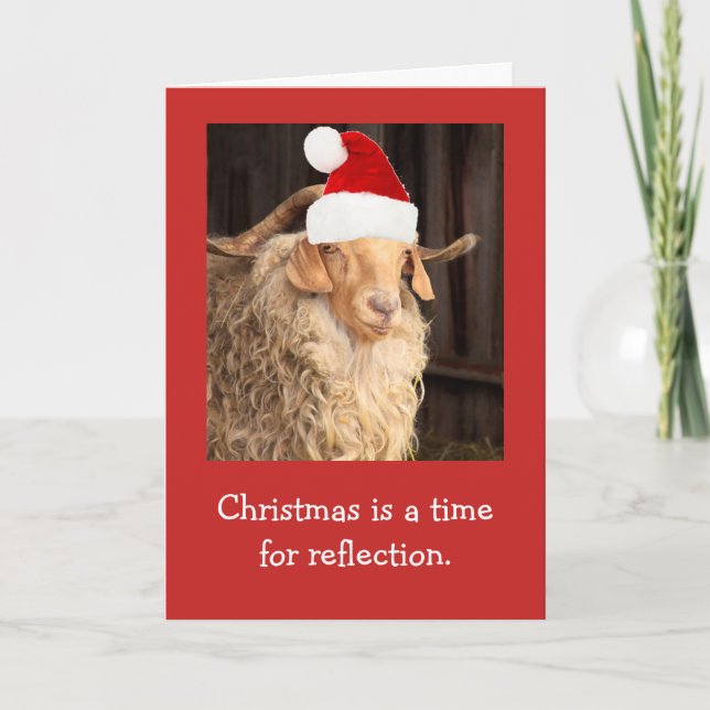 Funny Goat And Santa Hat Christmas Card (Front)