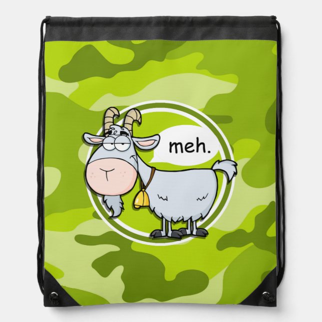 Funny Goat; bright green camo, camouflage Drawstring Bag (Front)