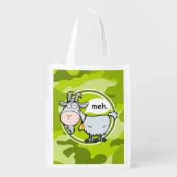 Funny Goat; bright green camo, camouflage Grocery Bag