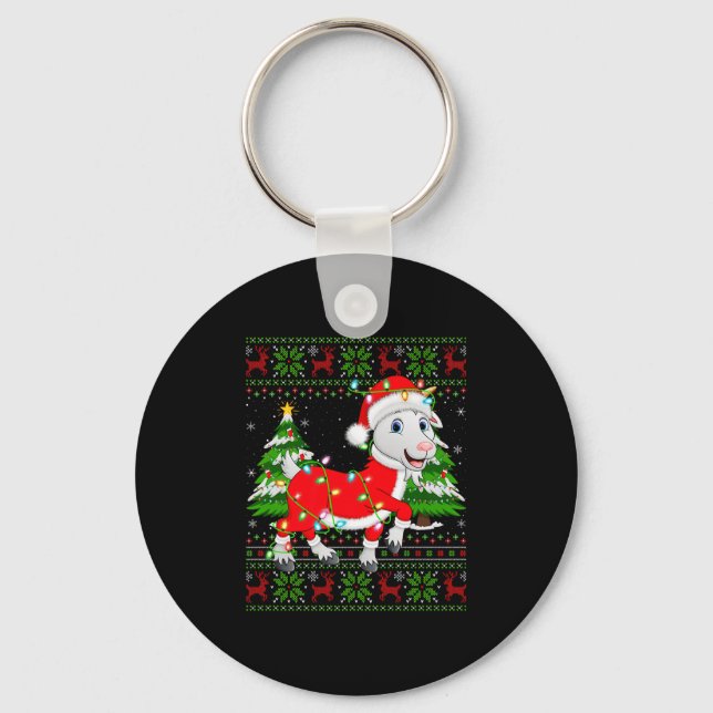 Funny Goat Christmas Lights Santa Costume Ugly Xma Keychain (Front)