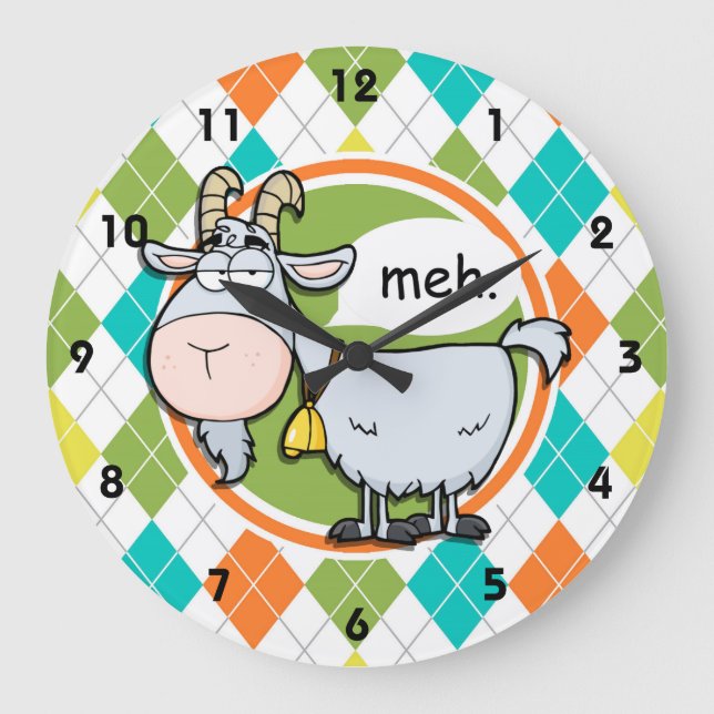 Funny Goat; Colorful Argyle Pattern Large Clock (Front)
