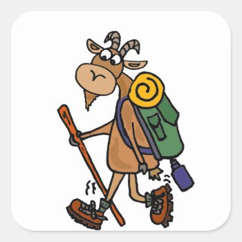 Funny Goat Hiking Art Square Sticker by naturesmiles at Zazzle