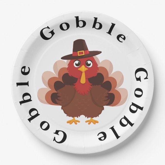 Funny Gobble Thanksgiving Cute Minimalistic Turkey Paper Plates (Front)