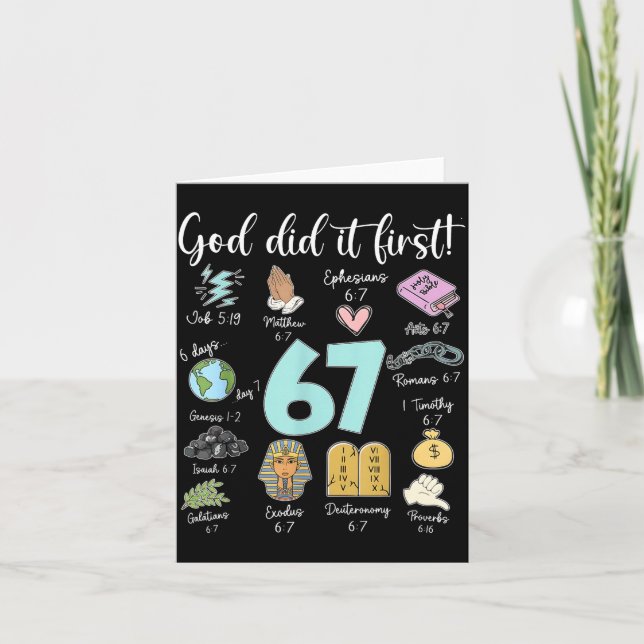 Funny God Did It First 67 Meme Jesus Christian Bib Card (Front)