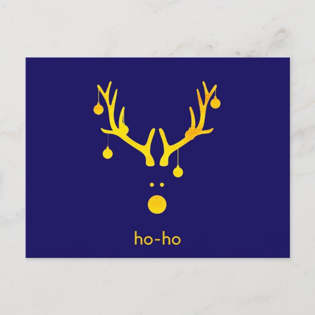Funny gold abstract Christmas reindeer on blue Holiday Postcard (Front)
