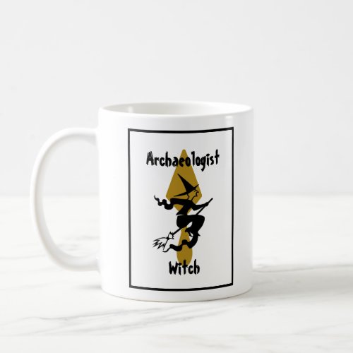 Funny Gold Black Archaeologist Witch on a Broom Coffee Mug