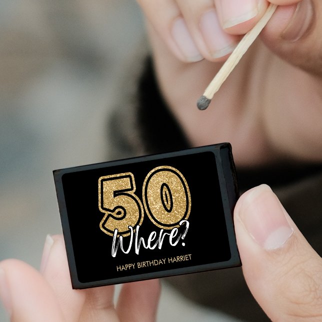 Funny Gold Glitter 50 Where Black 50th Birthday Matchboxes (Creator Uploaded)