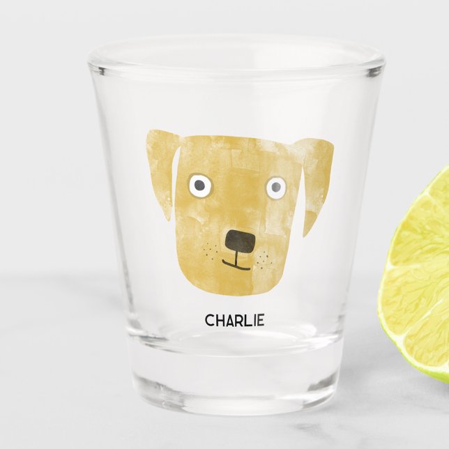 Funny Golden Labrador Retriever Dog Personalized Shot Glass (Funny Golden Yellow Labrador Retriever dog personalized custom name shot glass)