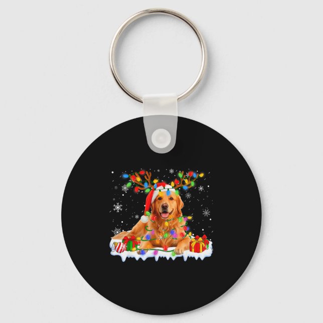 Funny Golden Retriever Christmas Santa Hat Reindee Keychain (Front)