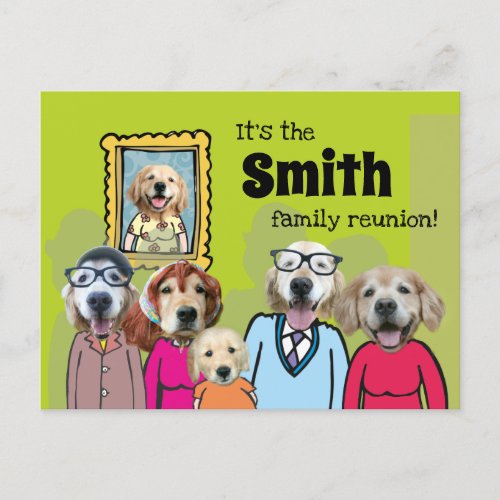 Funny Golden Retriever Dog Family Reunion Announcement Postcard