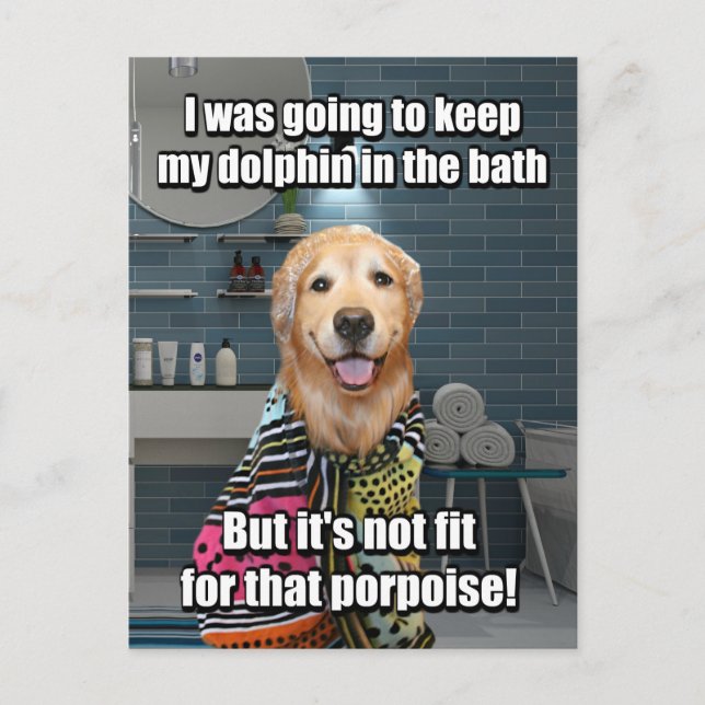 Funny Golden Retriever Dolphin Porpoise Bath Joke Postcard (Front)