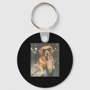 Funny golden retriever drinking boba tea pet lover keychain