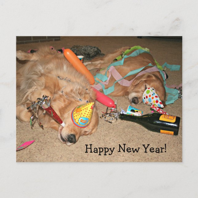 Funny Golden Retriever Happy New Year Celebration Holiday Postcard (Front)