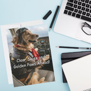 Funny Golden Retriever Pilot Aviation Dog Birthday Card