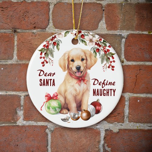 Funny Golden Retriever Pup Define Naughty Holiday Ceramic Ornament