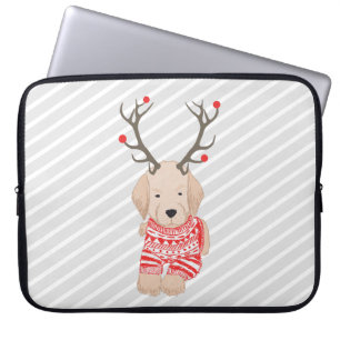 Funny Golden Retriever Puppy Reindeer Antlers Laptop Sleeve