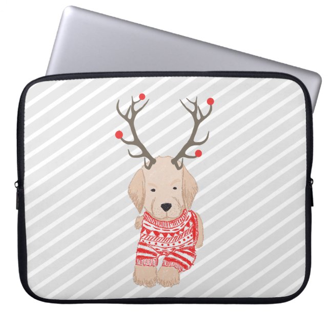 Funny Golden Retriever Puppy Reindeer Antlers Laptop Sleeve (Front)