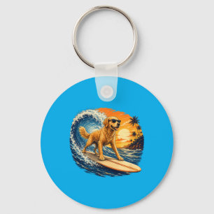 Funny Golden Retriever Surfing Beach Sunset Dog Keychain