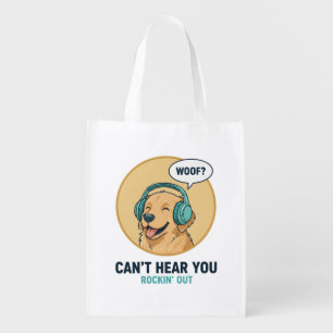Funny Golden Retriever With Headphones  Grocery Bag