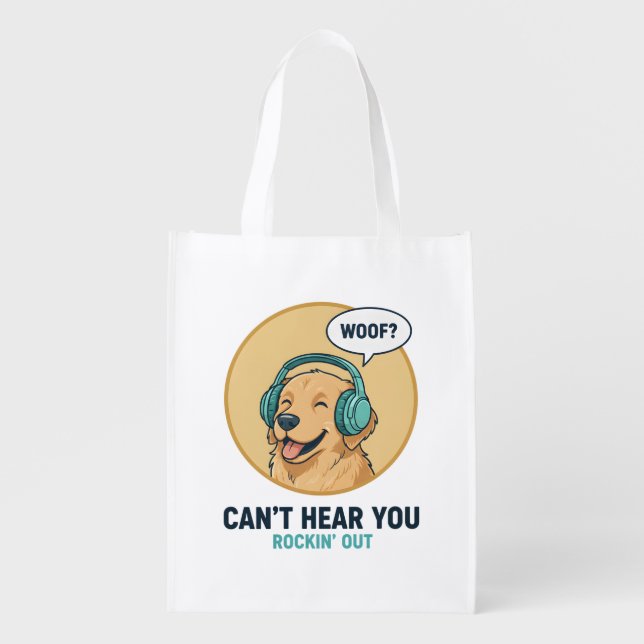 Funny Golden Retriever With Headphones  Grocery Bag (Front)