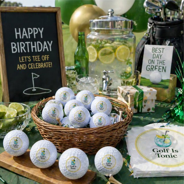 Funny Golf Ball Gift | Golf Is Tonic Lemon Mint (Golf birthday party setup with funny golf balls and matching napkins—perfect gift and event styling.)