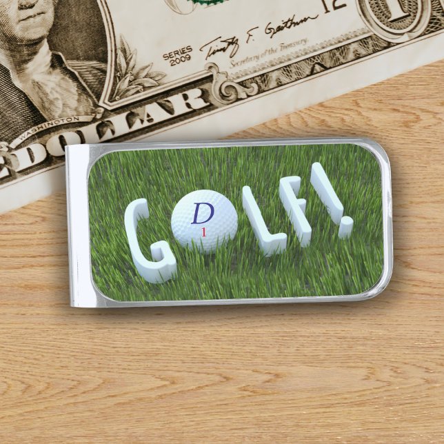 Funny Golf Ball Monogram Green Money Clip (Perfect gift for your golfing dad. Just add his initial and golf ball number)