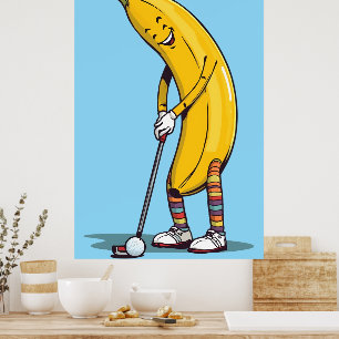 Funny Golf Banana Character Swinging Club Poster