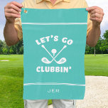 Funny Golf Club Humor Modern Golfer Sports Teal Golf Towel<br><div class="desc">Funny golf club design features "Let's Go Clubbin' " in the center in white type arranged with two golf clubs and a golf ball all on a solid light teal background. There are two small white accent stripes above and below the central design. The bottom portion contains a modern template...</div>