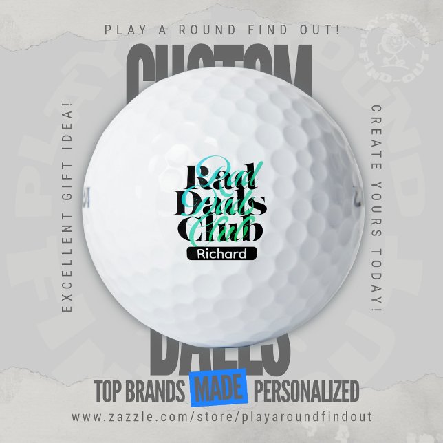 Funny Golf Dad Rad Dads Club Retro Typography Balls (Custom Printed Brand Name Golf Balls By PlayARoundFindOut - Zazzle's premiere golf gift shop)