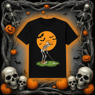 Funny Golf Skeleton   Halloween Full Moon Bats T-Shirt