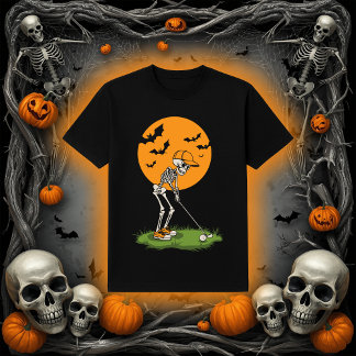 Funny Golf Skeleton | Halloween Full Moon Bats T-Shirt