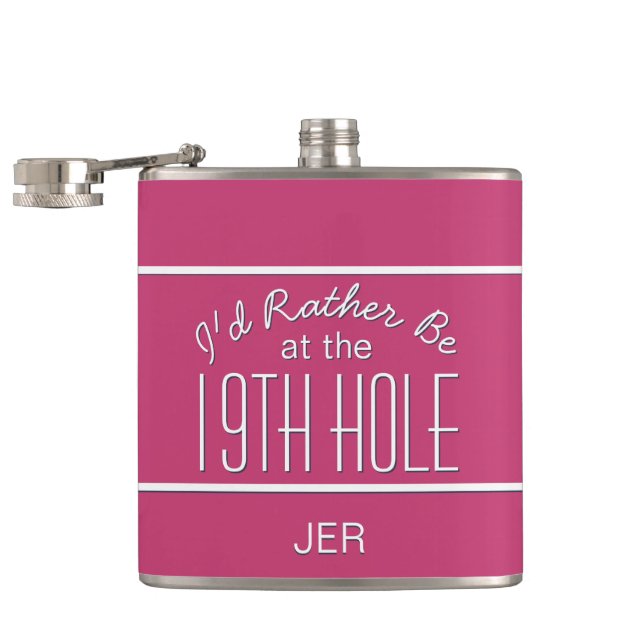 Funny Golfer 19th Hole Monogrammed Pink Girly Flask (Opened)