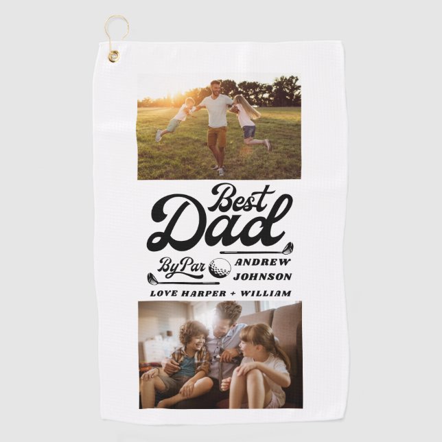 Funny Golfer Best Dad By Par Photo | Monogram Name Golf Towel (Front)