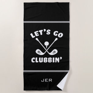 Funny Golfer Humor Monogram Black Beach Towel