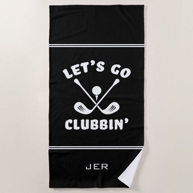 Funny Golfer Humor Monogram Black Beach Towel (Front)