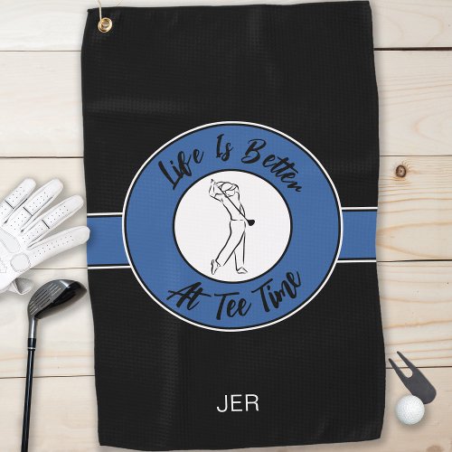 Funny Golfer Humor Sports Monogram Black Blue Golf Towel