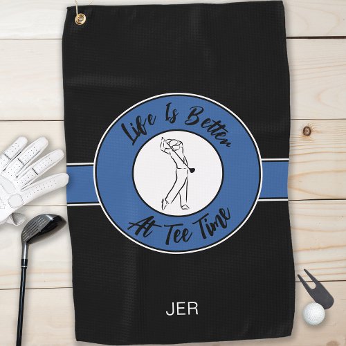 Funny Golfer Tee Humor Sports Monogram Black Blue Golf Towel