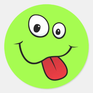 Funny goofy sticking out his tongue, green classic round sticker