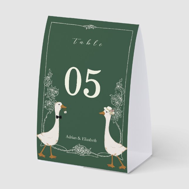 Funny Goose Wedding Custom Names Rustic Green Paper Table Tent (Front)