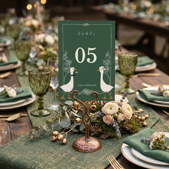 Funny Goose Wedding Custom Names Rustic Green Table Number (Creator Uploaded)