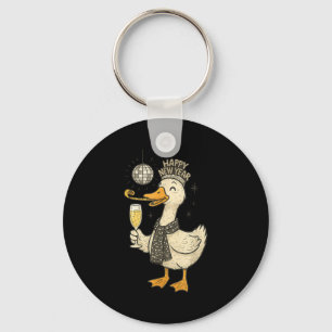 Funny Goose With Champagne Disco Ball New Years Ev Keychain