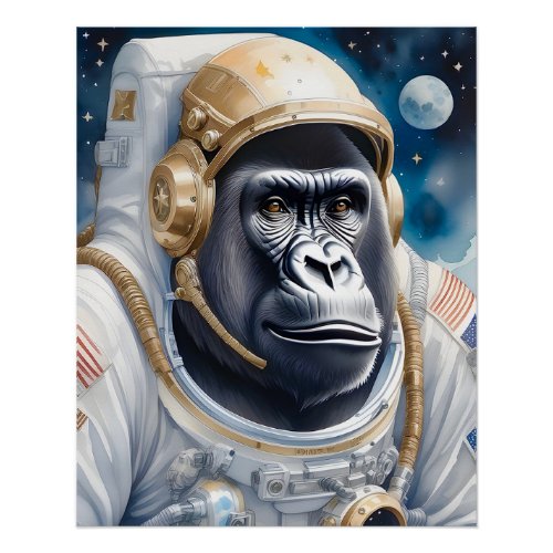 Funny Gorilla Astronaut Suit in Outer Space Poster