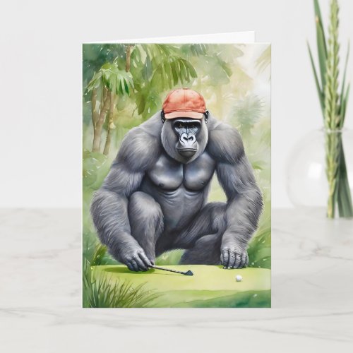 Funny Gorilla in Red Baseball Cap Playing Golf  Card