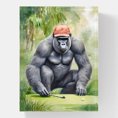 Funny Gorilla in Red Baseball Cap Playing Golf Paperweight