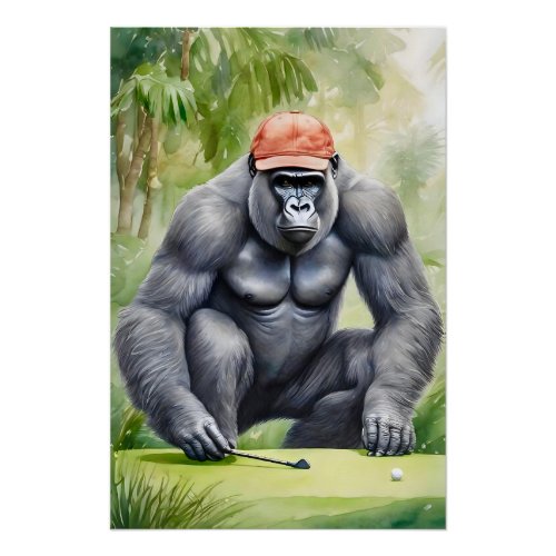 Funny Gorilla in Red Baseball Cap Playing Golf Poster