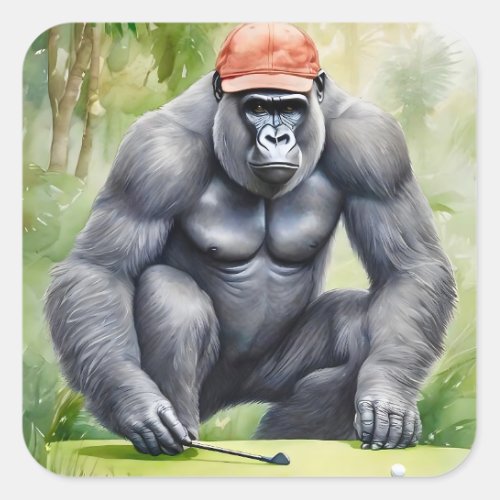 Funny Gorilla in Red Baseball Cap Playing Golf Square Sticker