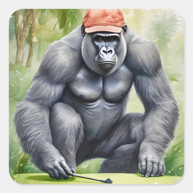 Funny Gorilla in Red Baseball Cap Playing Golf Square Sticker (Front)