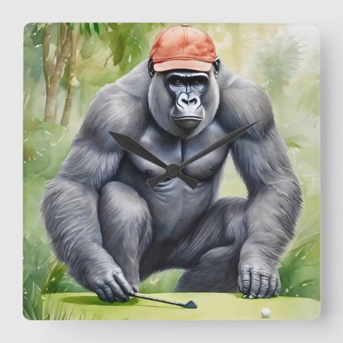 Funny Gorilla in Red Baseball Cap Playing Golf Square Wall Clock