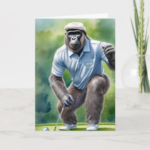 Funny Gorilla in Tan Hat Blue Shirt Playing Golf Card
