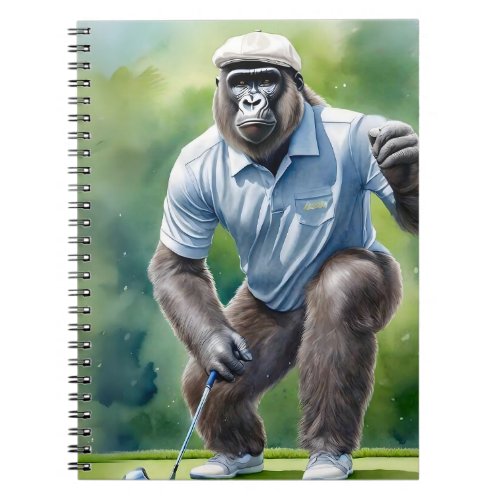Funny Gorilla in Tan Hat Blue Shirt Playing Golf Notebook